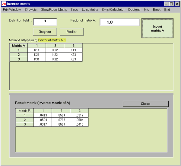 Matrix inversion: input and result